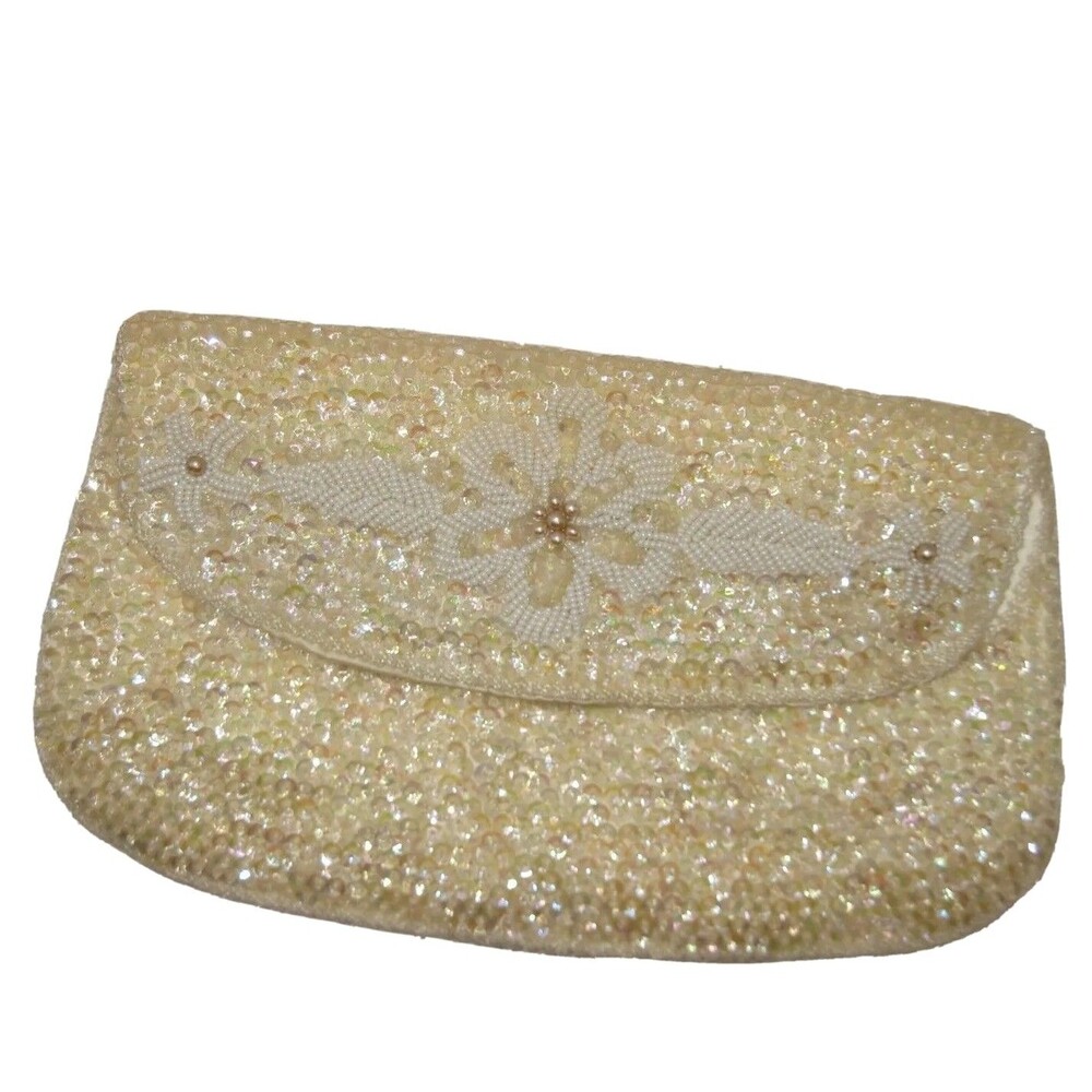 Vtg La Regale Beaded Clutch Purse Bag Beige Sequins Pearls Seed Beads Hand Made